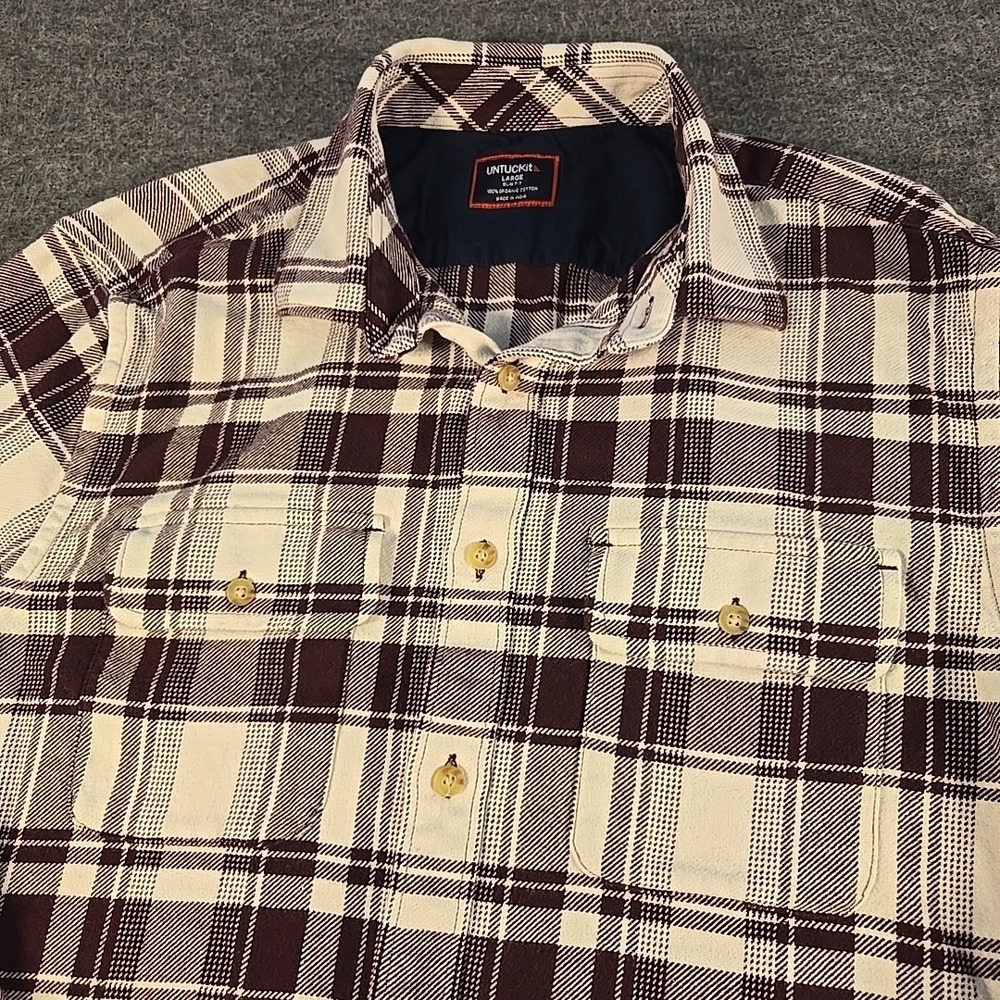 UNTUCKit Shirt Men's Large White Grounded Flannel Maroon Organic Cotton Plaid